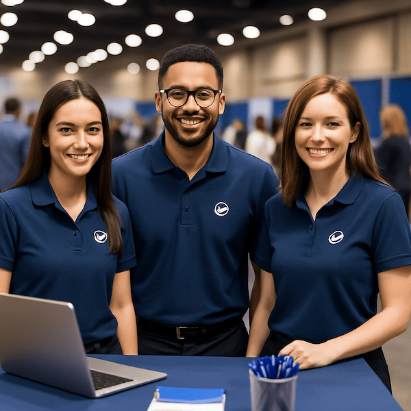branded-embroidered-shirts-at-event Staff at a trade show booth wearing matching embroidered logo shirts